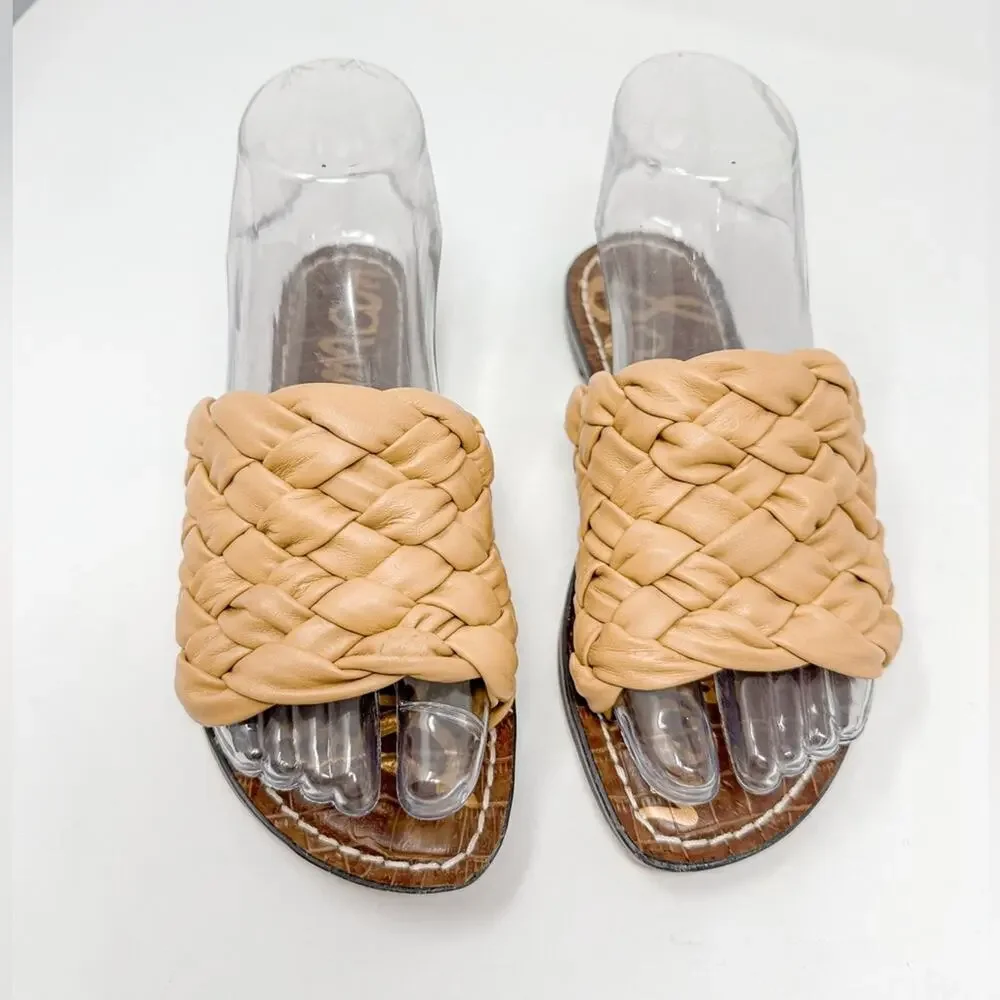 NEW Sam Edelman Griffin Tan Leather Woven Slide Sandals, Size 5, MSRP $126